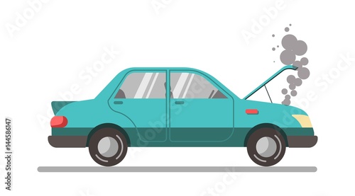 Fototapeta Naklejka Na Ścianę i Meble -  Crashed blue car with open hood, vector illustration isolated