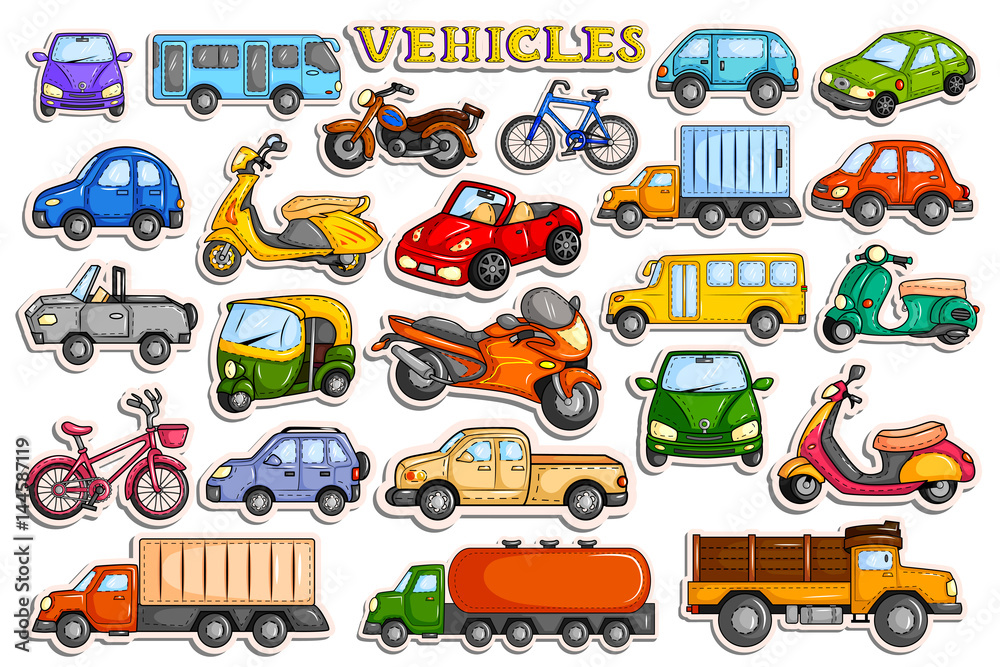Different means of transportation vehicle in sticker style vector de Stock  | Adobe Stock
