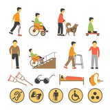 Disabled people and necessary equipments with signs poster