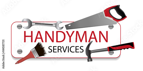 Professional handyman services logo. Hammer, brush, spanner and saw. A sign nailed. Repair tool. Vector