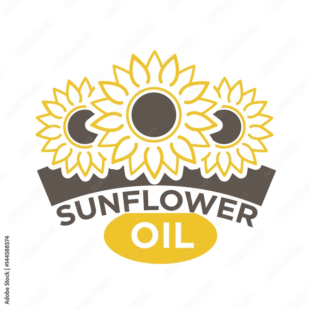 Fototapeta premium Sunflower oil label with yellow flower with black dieting seeds