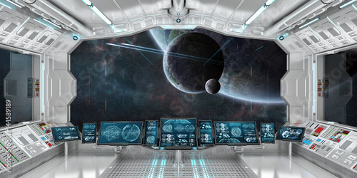 Fototapeta Naklejka Na Ścianę i Meble -  Spaceship interior with view on distant planets system 3D rendering elements of this image furnished by NASA