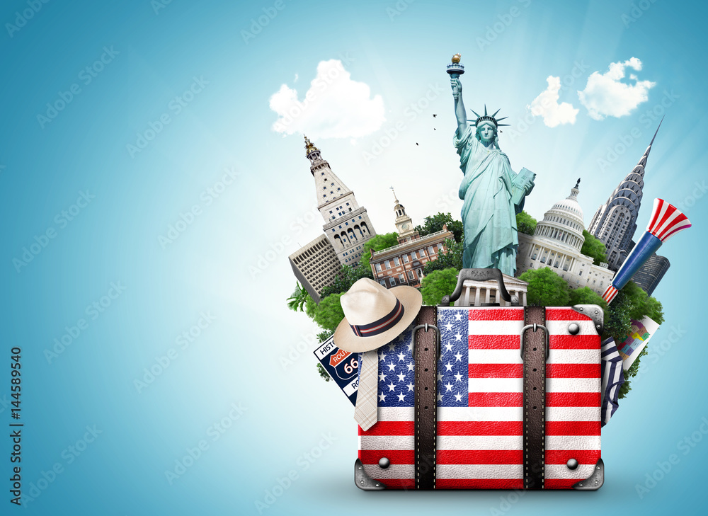Fototapeta USA, vintage walizka z amerykańską flagę i zabytków