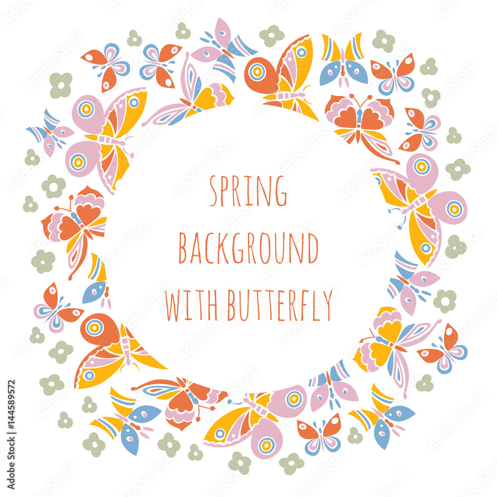 Vector background with abstract butterflies and clover leaves.