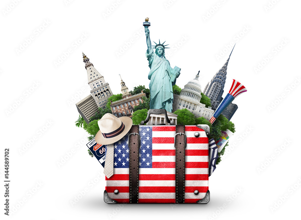 Obraz premium USA, vintage suitcase with American flag and landmarks