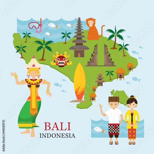 Bali, Indonesia Map with Travel and Attraction, Landmarks, Tourism and Traditional Culture