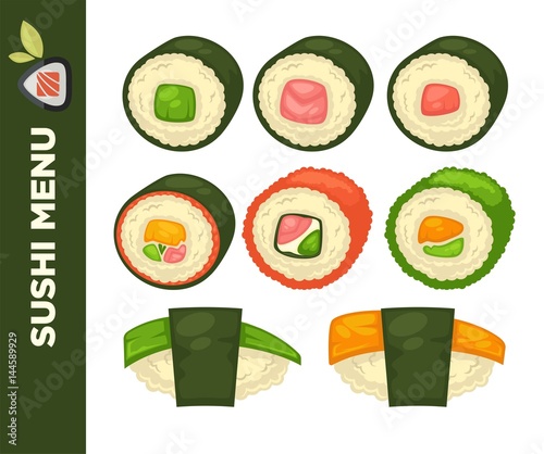 Sushi food colorful vector flat collection on white
