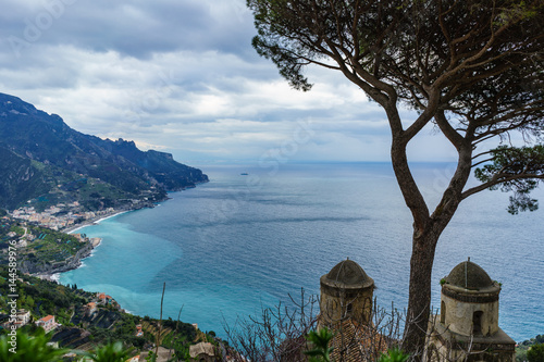 Amazing view from Villa Rufolo, Ravello town, Amalfi coast, in the cloudy day southern, Italy