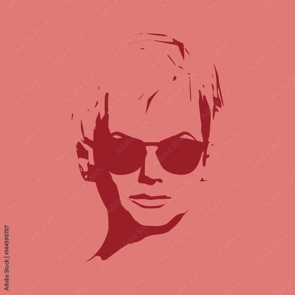 Portrait of beautiful woman in black sunglasses. Short hair. Vector version. Front view Portrait of beautiful woman in black sunglasses. Short hair. Vector version. Front view