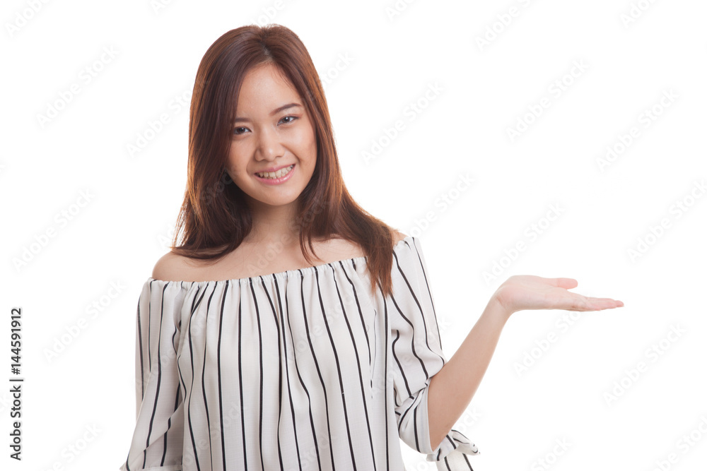 Beautiful young Asian woman show palm hand. Beautiful young Asian woman show palm hand.