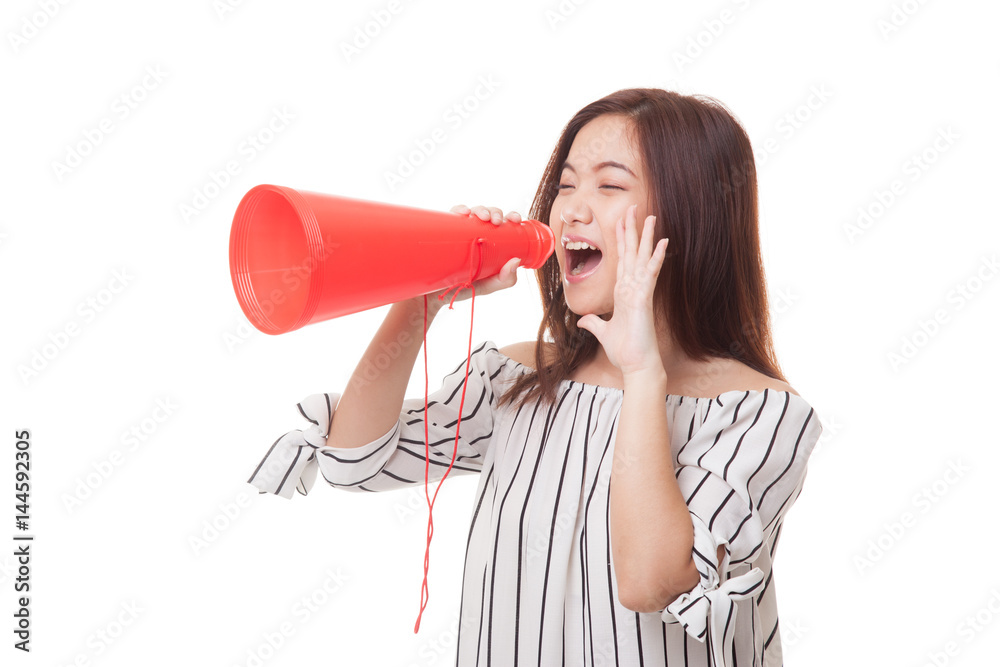 Beautiful young Asian woman announce with megaphone. Beautiful young Asian woman announce with megaphone.