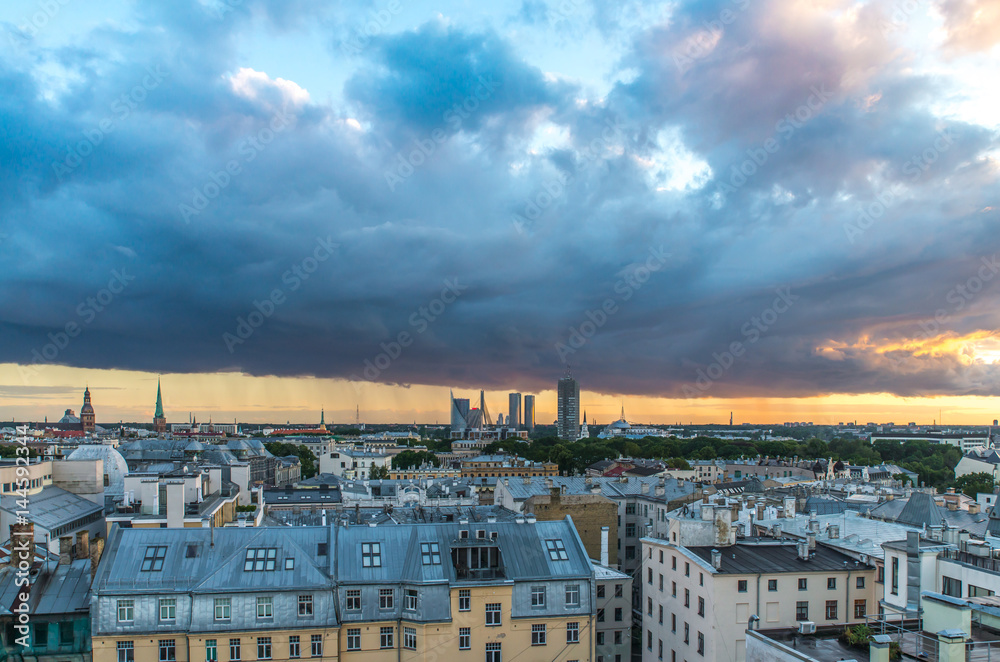 beautiful view of Riga (Latvia) skyline at sunset before the storm