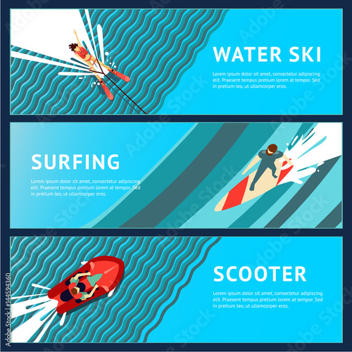 Water Sport Horizontal Banner. Flat style, top view.
