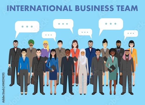 Group of business men and women standing together and speech bubble in flat style. Business team and teamwork concept. Different nationalities and dress styles. Flat design people characters.