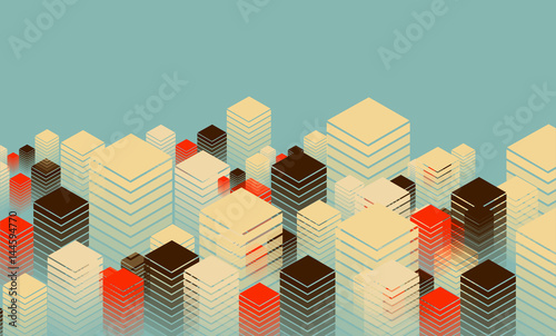 poster with a forest of skyscrapers in blue and red