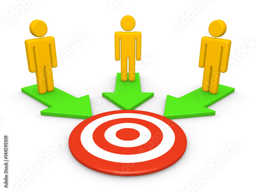 Three people with common target. 3d render.