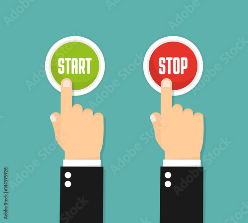 Hand pressing the red button. Flat style . Start and stop