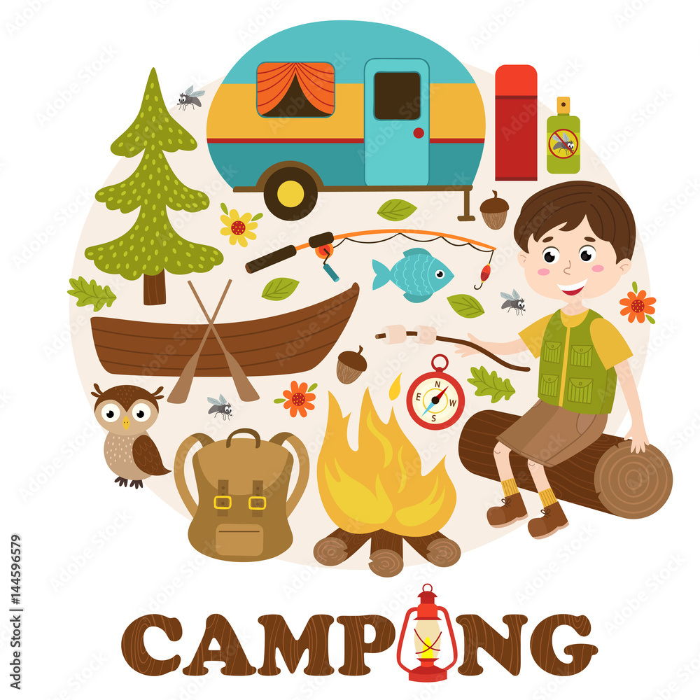 Naklejka premium camping elements and boy - vector illustration, eps 