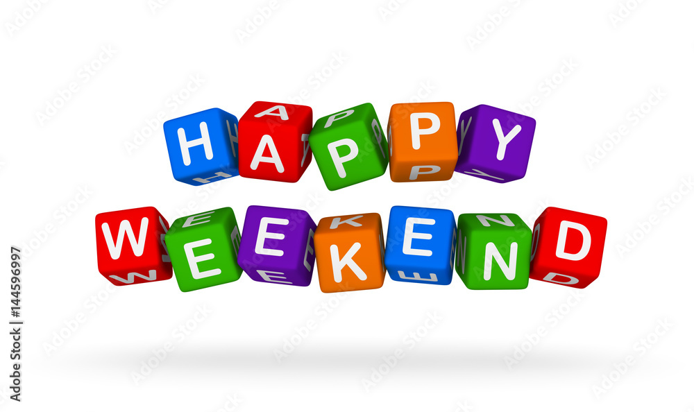 Happy Weekend. Colorful Toy Block Flying on White Background. Happy Weekend. Colorful Toy Block Flying on White Background.