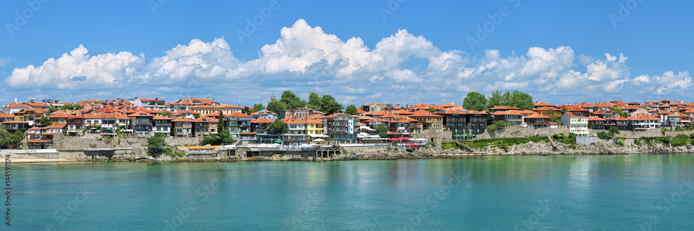 Panorama of Old Town of Sozopol (former ancient town of Apollonia) with Southern Fortress Wall and Tower on the coast of Black Sea in Bulgaria