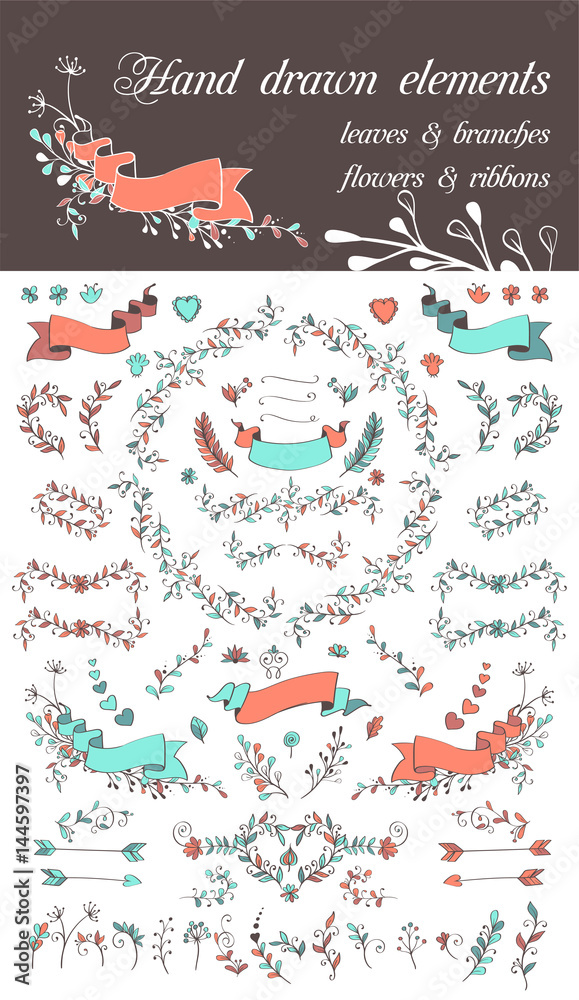 Set of hand drawn design elements ribbons, flowers branches