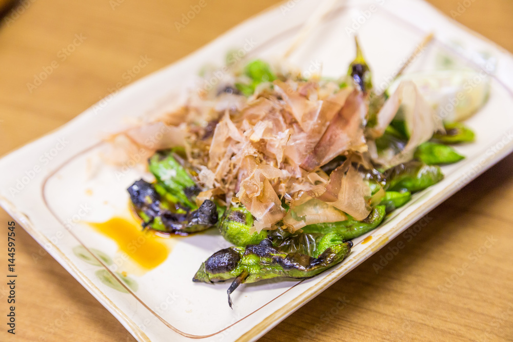 Appertizer, grilled okra with dried fish flake. Appertizer, grilled okra with dried fish flake.
