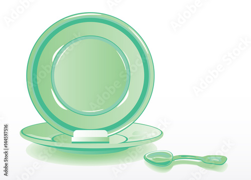 Realistic green plate and teaspoon