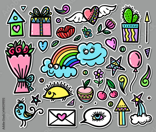 Vector set of hand drawn objects, doodle elements. Funny baby pictures. Contemporary illustration for design.