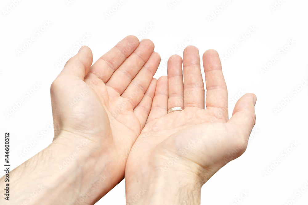 Begging sign isolated hands of a poor man on white background Begging sign isolated hands of a poor man on white background