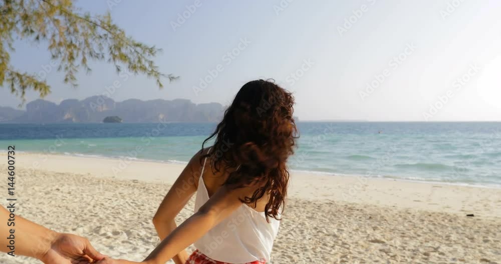 Girl Take Man Hand Leading To Water, Couple Running On Beach, Happy Smiling Tourists Slow Motion 60 Girl Take Man Hand Leading To Water, Couple Running On Beach, Happy Smiling Tourists Slow Motion 60