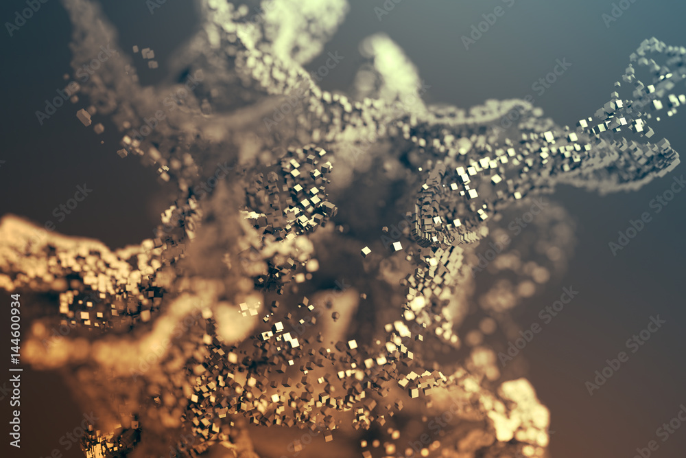 Fototapeta premium Abstract 3d rendering of chaotic particles. Flying cubes in empty space. Dynamic shape. Futuristic background with bokeh, depth of field effect. Design for poster, banner, placard.