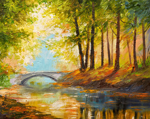 Leinwandbilder Honigfarbe Oil painting landscape - autumn forest near the river, orange leaves  © Fresh Stock