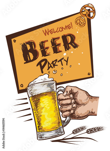 Beer vector poster.Hand holding glass with beer.