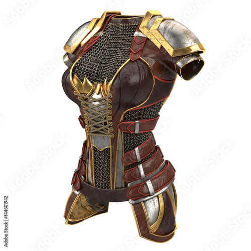 Female armor on the body with chain mails on an isolated white background. 3d illustration