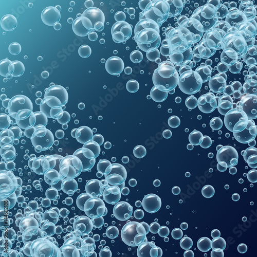 Square frame of realistic water bubbles with diagonal stripe for text. Cleaning foam, shampoo bubbles underwater. Deep sea with sprays. Good for greeting card design, banner, flyer, party invitation.