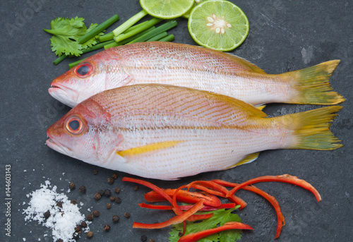 delicious portion of fresh fish fillet with aromatic herbs spices photo