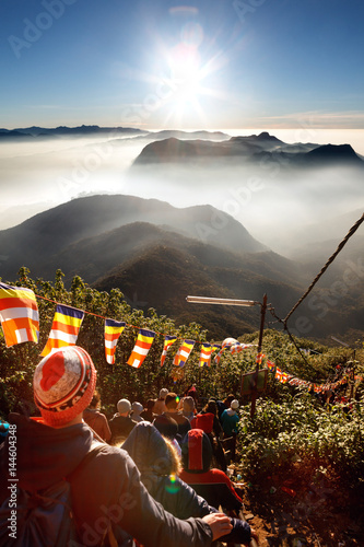 Sri Pada, Sri Lanka - 06 February, 2017: People tourists wait meet take pictures for the sunrise on mountain Sri Pada Adam's Peak. Sri Lanka.