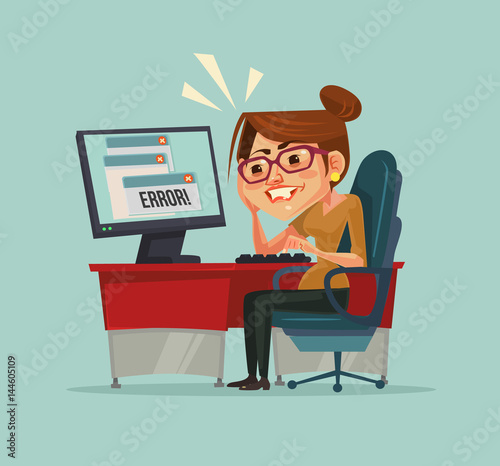 404 error message on computer. Frustrated office worker woman character. Vector flat cartoon illustration
