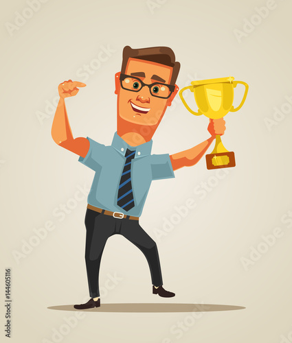 Happy winner smiling businessman character holds golden cup. Vector flat cartoon illustration