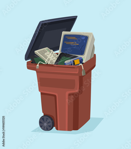 Old electronics technology computer and phone in trash can. Vector flat cartoon illustration