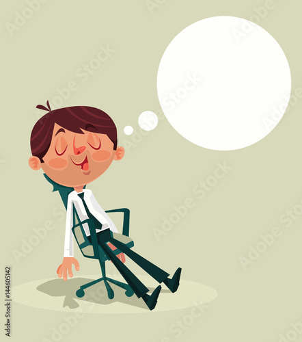 Businessman office worker character sleeping and dreaming during work day. Vector flat cartoon illustration