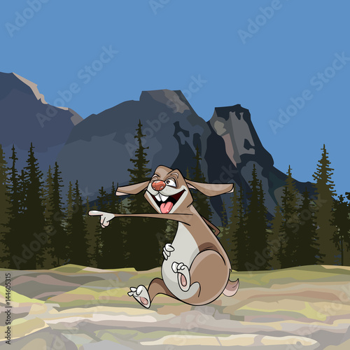 cartoon funny hare scoffs pointing in the direction