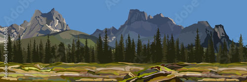 painted the background a mountain landscape with pine forest