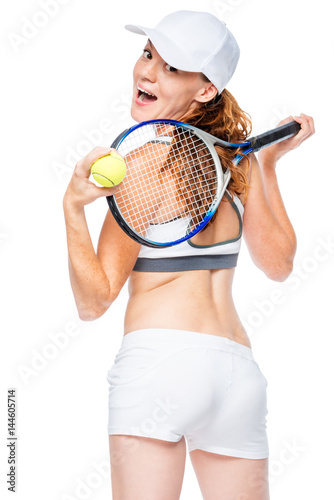 Joyful tennis player looking back against white background in studio © kosmos111
