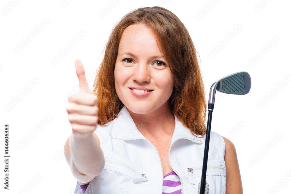 Smiling golfer showing thumbs up on white background Smiling golfer showing thumbs up on white background