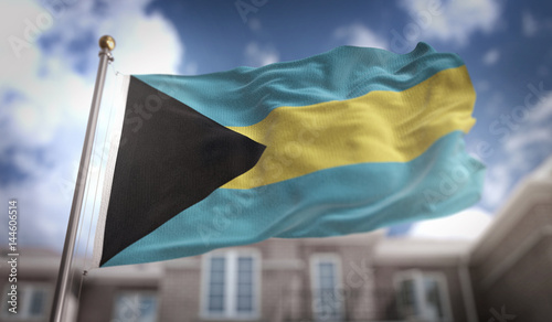 The Bahamas Flag 3D Rendering on Blue Sky Building Background photo