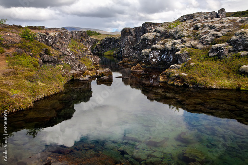 Deep fissure Flosagja with crystal clear cold water at Thingvellir National Park Iceland