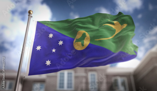 Christmas Island Flag 3D Rendering on Blue Sky Building Background