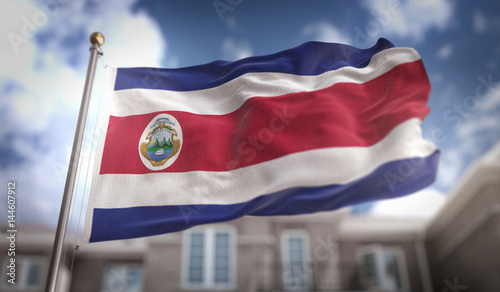 Fotografía Costa Rica Flag 3D Rendering on Blue Sky Building Background