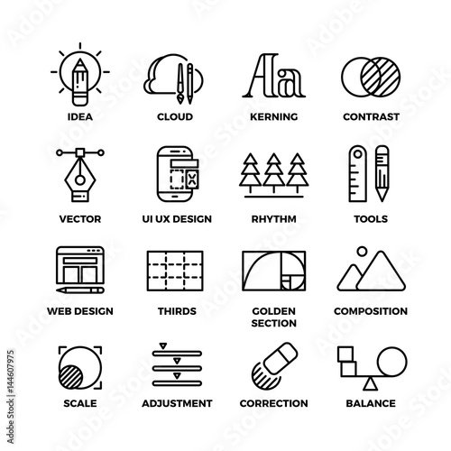 Creative process and design sketch tools outline vector icons
